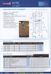 Altitude AC 150 de 1.5 m&egrave;tres de longueur et de 0.69 m avec plancher alu/bois 1 trappe, plinthe aluminium int&eacute;gr&eacute;e &agrave; s&eacute;curit&eacute;, surface utile de 1.30 m x 0.56 m, charge admissible sur un plancher de 140 kg ou sur toute la structure 400 kg, intallation en d&eacute;nivel&eacute;s int&eacute;gr&eacute;e, roue de 125 mm diam&egrave;tre r&eacute;glable sur 20 cm et montants 35 mm
