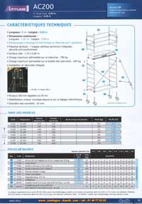 Altitude AC 150 de 1.5 mètres de longueur et de 0.69 m avec plancher alu/bois 1 trappe, plinthe aluminium intégrée à sécurité, surface utile de 1.30 m x 0.56 m, charge admissible sur un plancher de 140 kg ou sur toute la structure 400 kg, intallation en dénivelés intégrée, roue de 125 mm diamètre réglable sur 20 cm et montants 35 mm