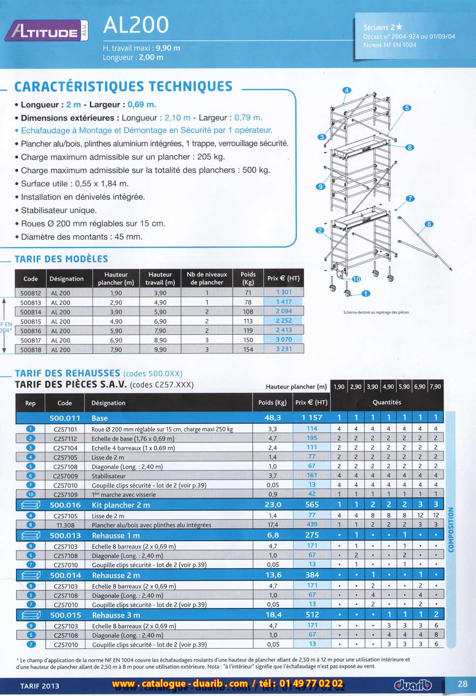 Altitude AL 200, &eacute;chafaudage Aluminium de 2 m&egrave;tres de longueur et de 0.69 m hauteur maxi 9.90 m&egrave;tres, , alu/bois plinthes aluminium int&eacute;gr&eacute;es 1 trappe verrouillable, charge admissible sur le plancher sup&eacute;rieur de 205 kg et 500 kg sur structure, roue de 200 mm diam&egrave;tre r&eacute;glable sur 15 cm, installation en d&eacute;nivel&eacute;s int&eacute;gr&eacute;e et montants 45 mm Norme NF EN 1004 et d&eacute;cret n&deg; 2004-924 du 01-09-04