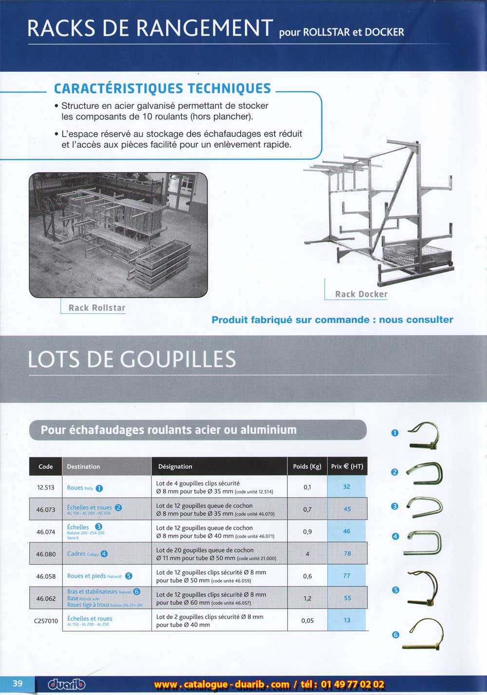 Lots de goupilles pour échafaudages acier de diamètre 8 mm et 11 mm, goupille clips sécurité, goupille queue de cochon pour tube de 35 mm, goupille queue de cochon pour tube de 40mm et 11 mm, goupille agricole dà clips de sécurité pour tube de 50 mm, et de 60 mm